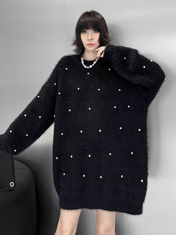 Long Sleeves Loose Beads Contrast Color Shiny Split-Joint Round-Neck Mini Dresses Sweater Dresses