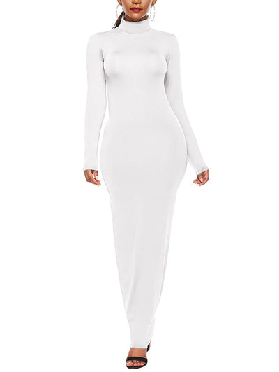 Bodycon Long Sleeves Solid Color High Neck Maxi Dresses