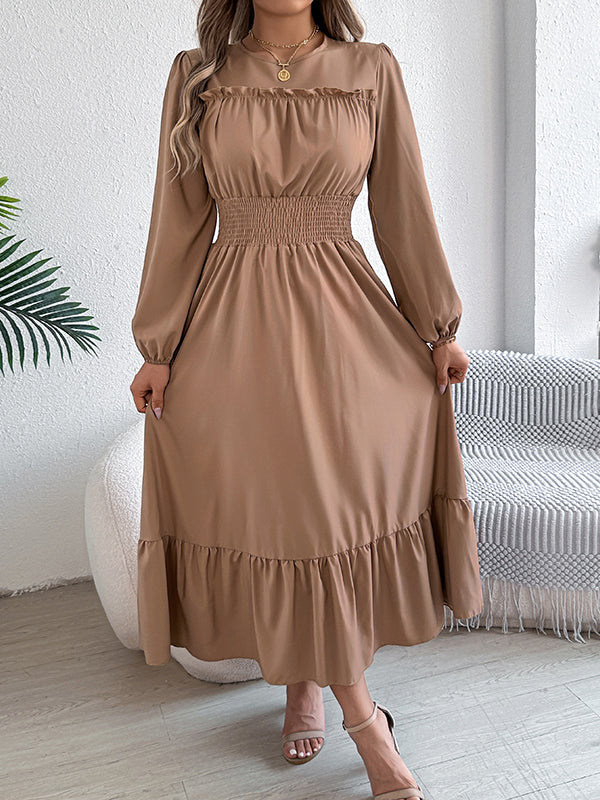 A-Line Elasticated Waist Pleated Solid Color Round-Neck Maxi Dresses