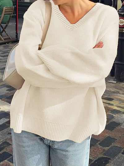 Long Sleeves Loose Ribs Solid Color V-Neck Sweater Tops