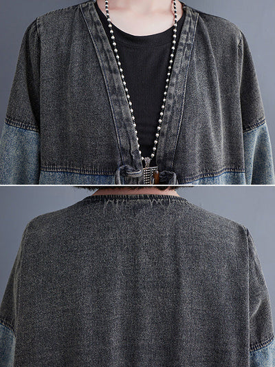 Artistic Retro Denim Long Sleeves Loose Tied Split-Joint Trench Outerwear