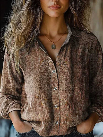 Long Sleeves Loose Buttoned Contrast Color Printed Split-Joint Lapel Blouses&Shirts Tops