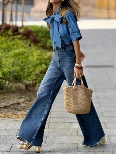 High Waisted Straight Leg Gradient Split-Joint Jean Pants Bottoms