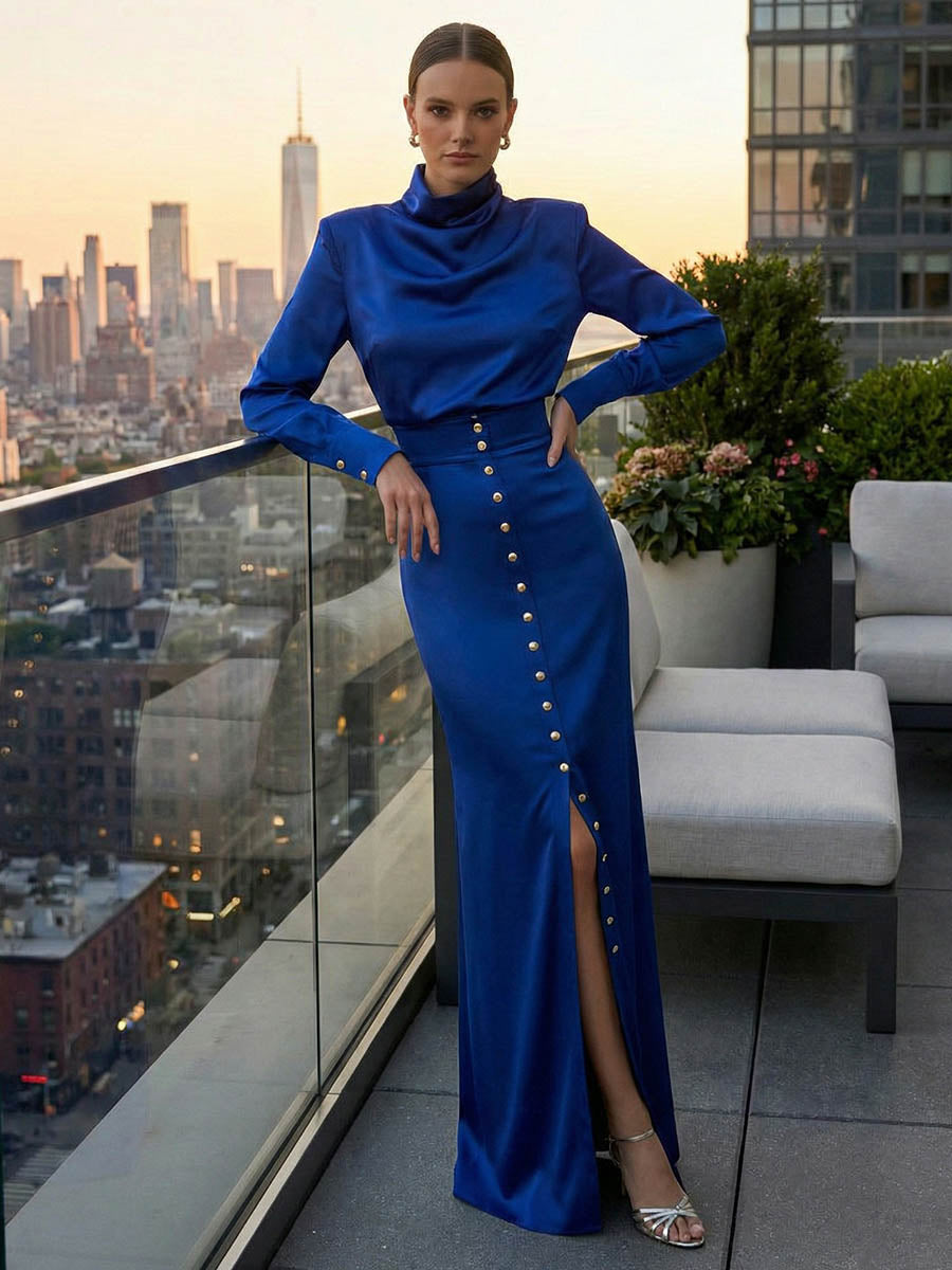 Split-Joint Heaps Collar Long Sleeves Pleated Blouses&Shirts Tops + Elasticated Waist Asymmetric Buttoned  Contrast Color Split-Side Zipper Skirts Bottoms Two Pieces Set