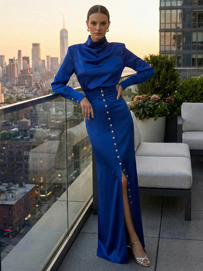 Split-Joint Heaps Collar Long Sleeves Pleated Blouses&Shirts Tops + Elasticated Waist Asymmetric Buttoned  Contrast Color Split-Side Zipper Skirts Bottoms Two Pieces Set