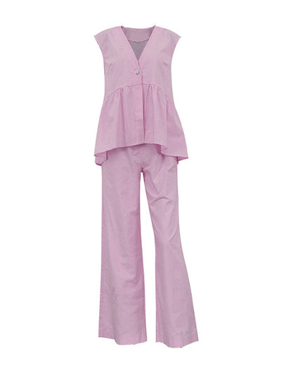 Loose Split-Joint Sleeveless Pleated V-Neck Vest + Pants Trousers Two Pieces Set