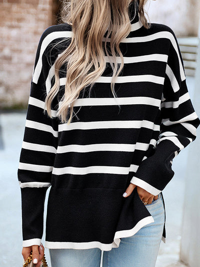 Long Sleeves Loose Contrast Color Split-Side Striped High Neck Pullovers Sweater Tops