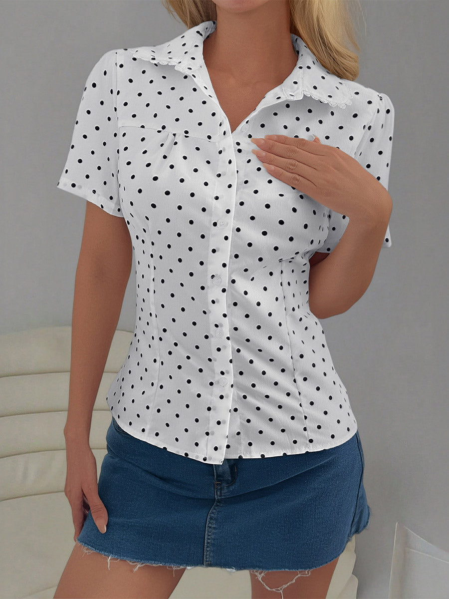 Short Sleeves Buttoned Polka-Dot Solid Color Split-Joint Lapel Blouses&Shirts Tops