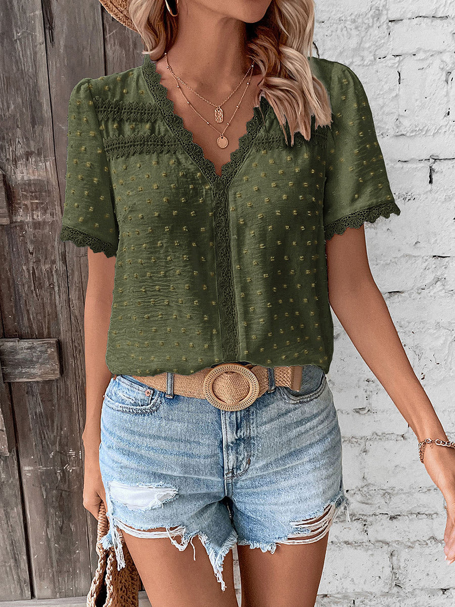 Loose Short Sleeves Jacquard Solid Color Split-Joint Textured V-Neck T-Shirts Tops