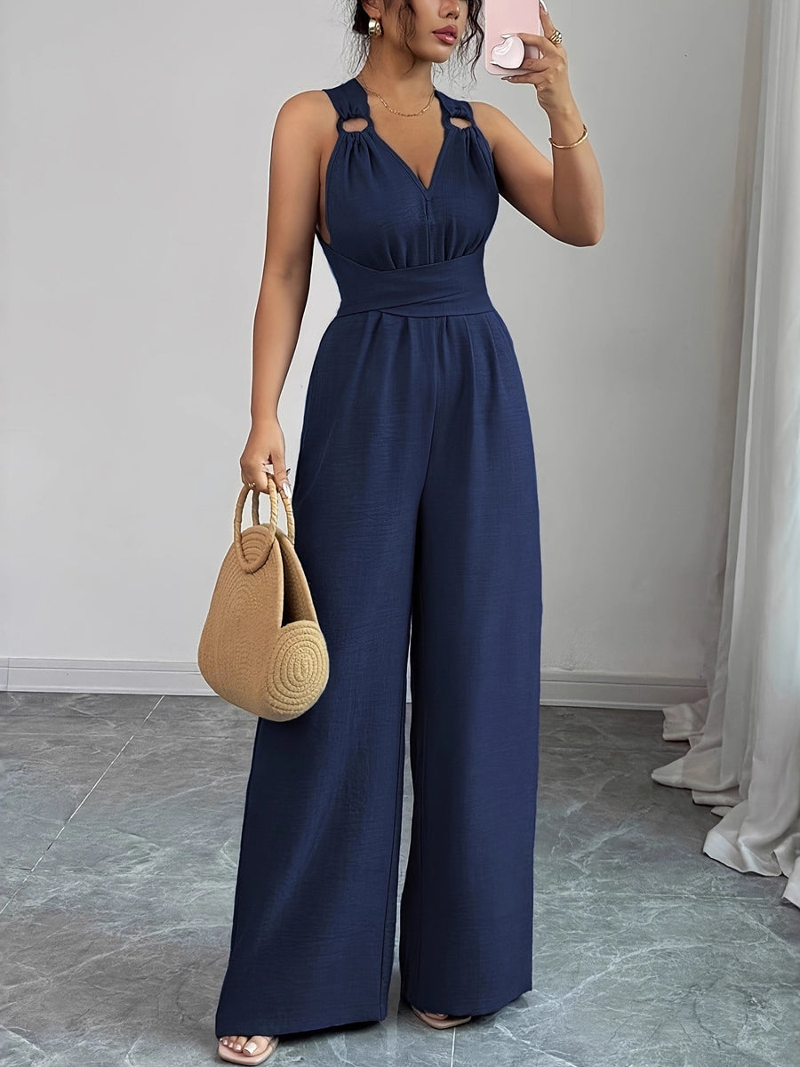 High Waisted Sleeveless Backless Solid Color Tied Spaghetti-Neck Jumpsuits