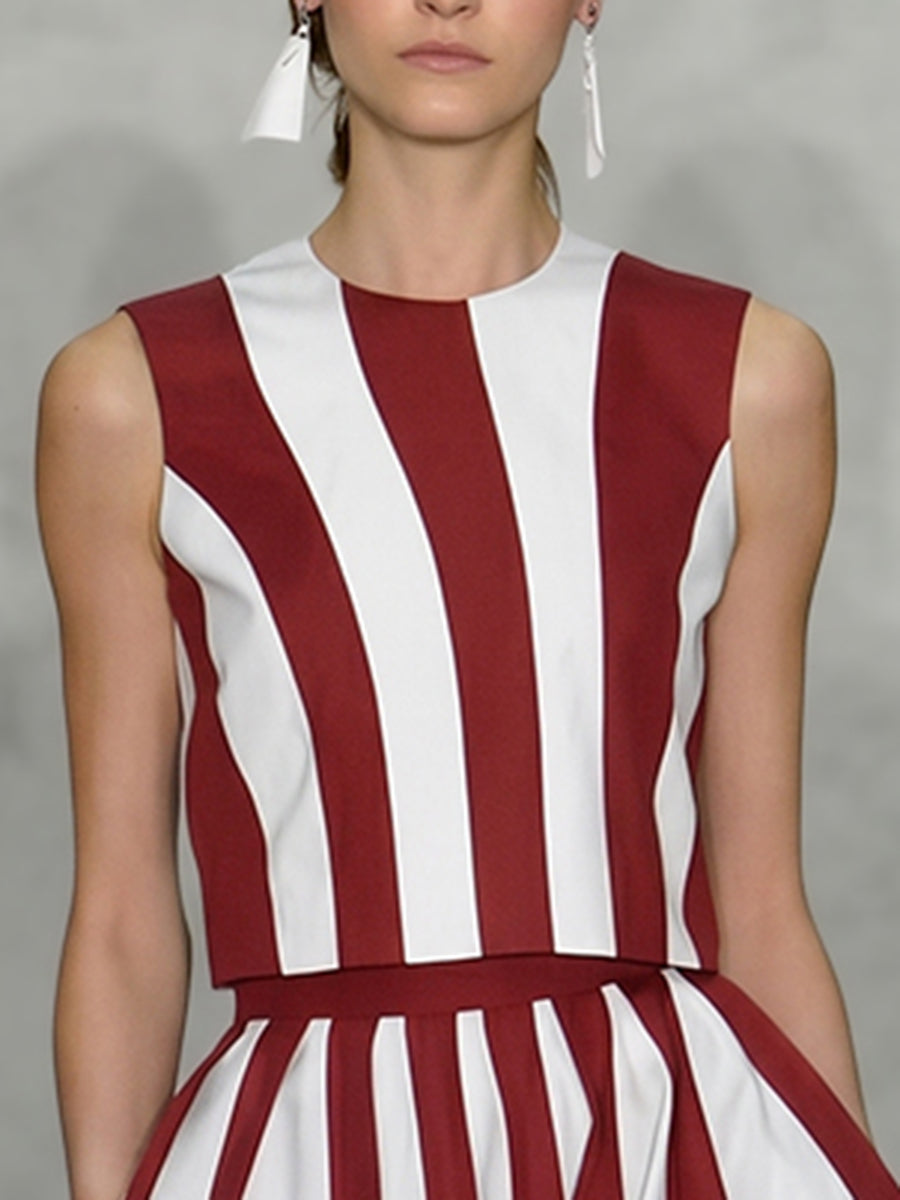 Cropped Sleeveless Contrast Color Striped Round-Neck Blouses&Shirts Tops