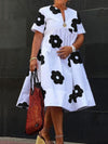 A-Line Loose Flower Print Pleated Split-Joint Round-Neck Midi Dresses