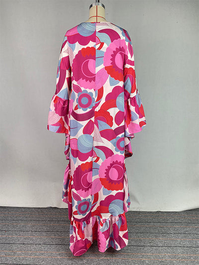 Batwing Sleeves Loose Flower Print Pleated Split-Joint Round-Neck Maxi Dresses