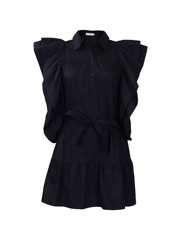 A-Line High Waisted Buttoned Pleated Ruffled Solid Color Tied Waist Lapel Mini Dresses