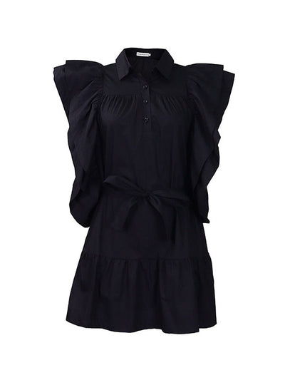 A-Line High Waisted Buttoned Pleated Ruffled Solid Color Tied Waist Lapel Mini Dresses
