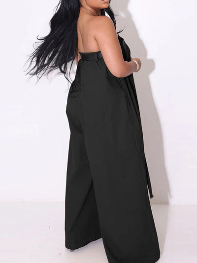Loose Sleeveless Belted Pleated Pockets Solid Color Tube Jumpsuits