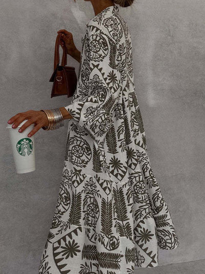 Loose Three-Quarter Sleeves Falbala Printed V-Neck Midi Dresses