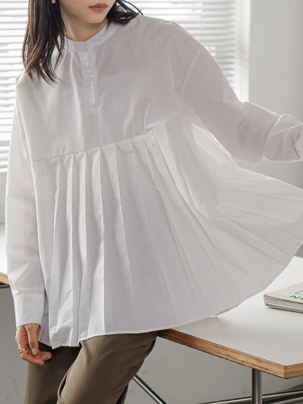 Long Sleeves Loose Buttoned Pleated Solid Color Round-Neck Blouses&Shirts Tops