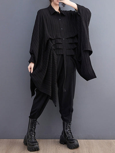 Long Sleeves Loose Pleated Solid Color Lapel Blouses&Shirts Tops