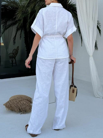 Loose Drawstring Split-Joint Tied Waist Lapel Blouse + High Waisted Pants Trousers Two Pieces Set