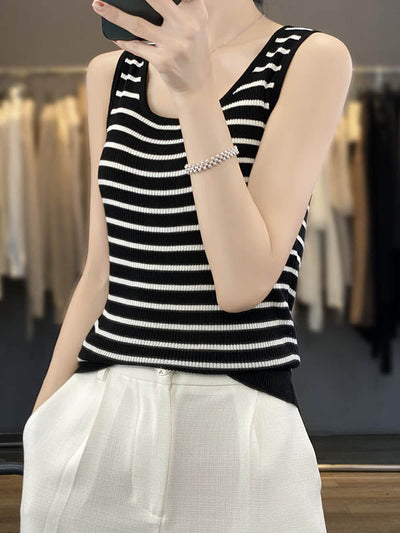 Loose Sleeveless Contrast Color Striped U-Neck Vest Top