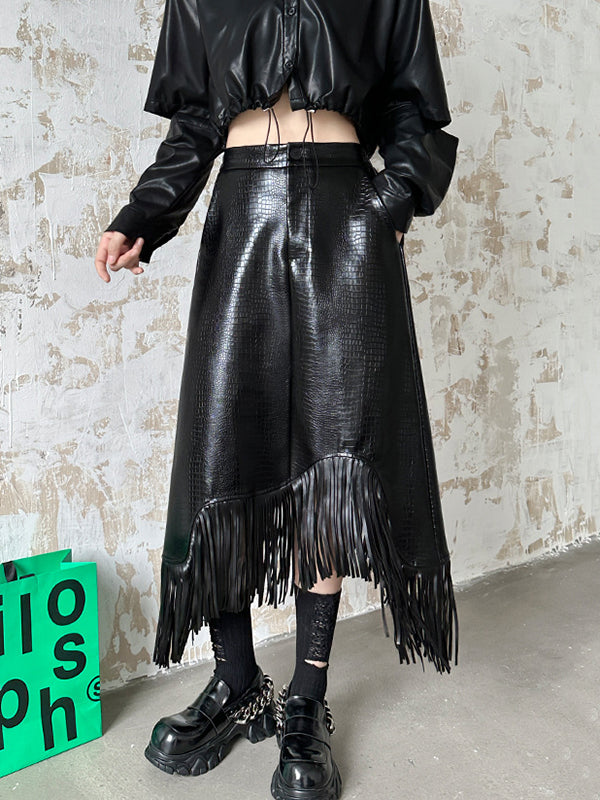 A-Line Irregularity Asymmetric Buttoned Crocodile Texture Solid Color Tasseled Skirts Bottoms