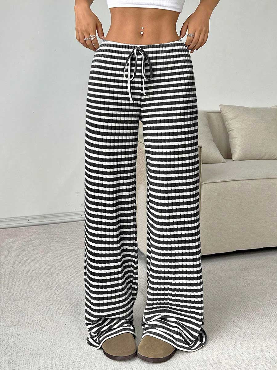 Elasticated Waist High Waisted Contrast Color Drawstring Split-Joint Striped Pants