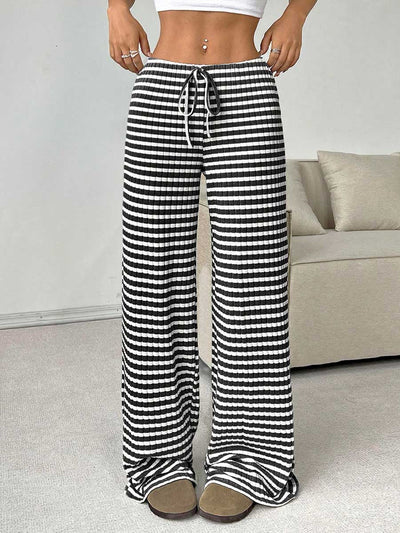 Elasticated Waist High Waisted Contrast Color Drawstring Split-Joint Striped Pants