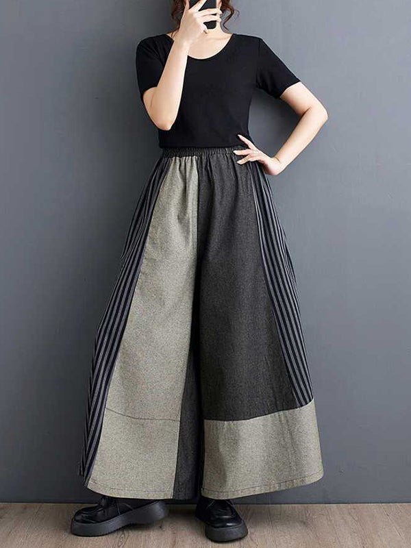 High Waisted Loose Elasticity Pockets Split-Joint Striped Pants Trousers