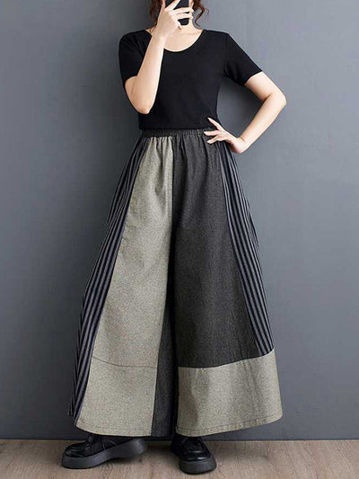 High Waisted Loose Elasticity Pockets Split-Joint Striped Pants Trousers