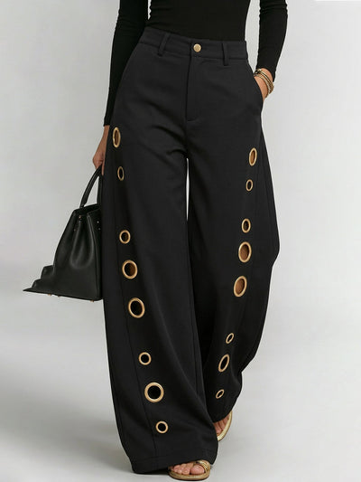 High Waisted Wide Leg Buttoned Hollow Pockets Solid Color Split-Joint Pants Trousers