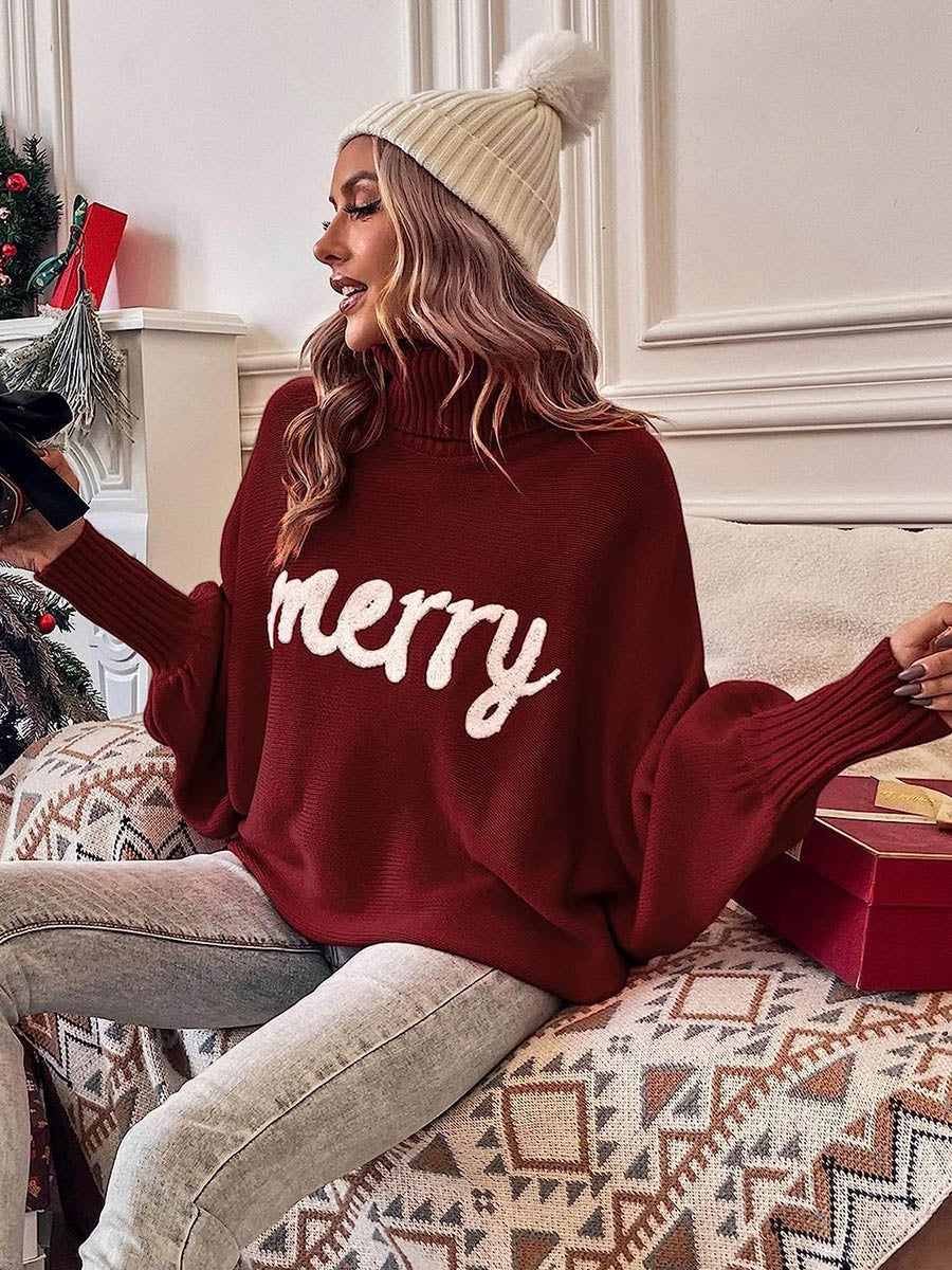 Long Sleeves Loose Contrast Color Printed Split-Joint High Neck Sweater Tops