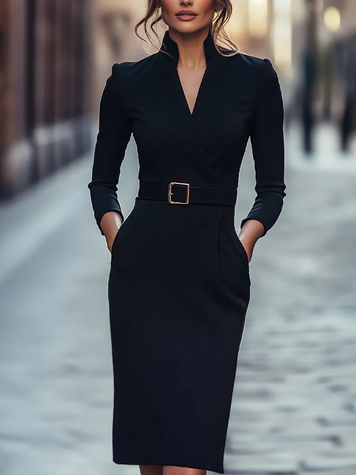 Long Sleeves Belted Pockets V-Neck Bodycon Dresses Long Dresses Midi Dresses
