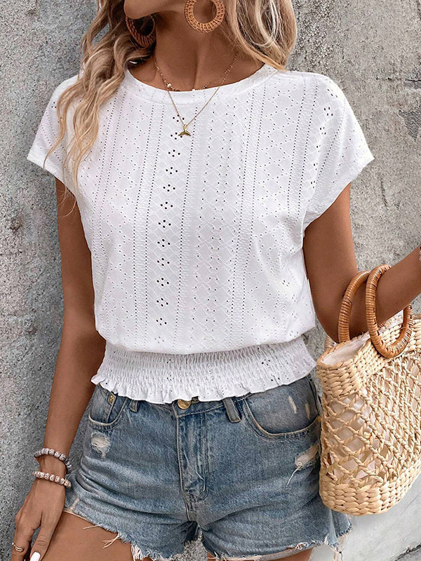 Loose Short Sleeves Elasticity Hollow Jacquard Solid Color Round-Neck T-Shirts Tops