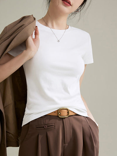 Short Sleeves Skinny Solid Color Round-neck T-Shirts Tops