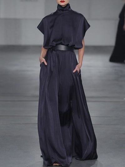 Loose Raglan Sleeve Solid Color Split-Joint Tied Waist High Neck Maxi Dresses