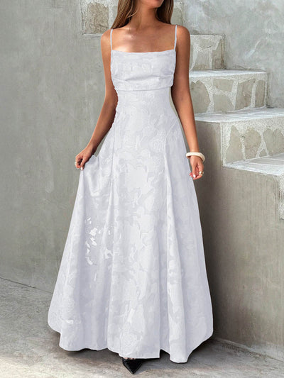 A-Line High Waisted Jacquard Pleated Solid Color Spaghetti-Neck Maxi Dresses