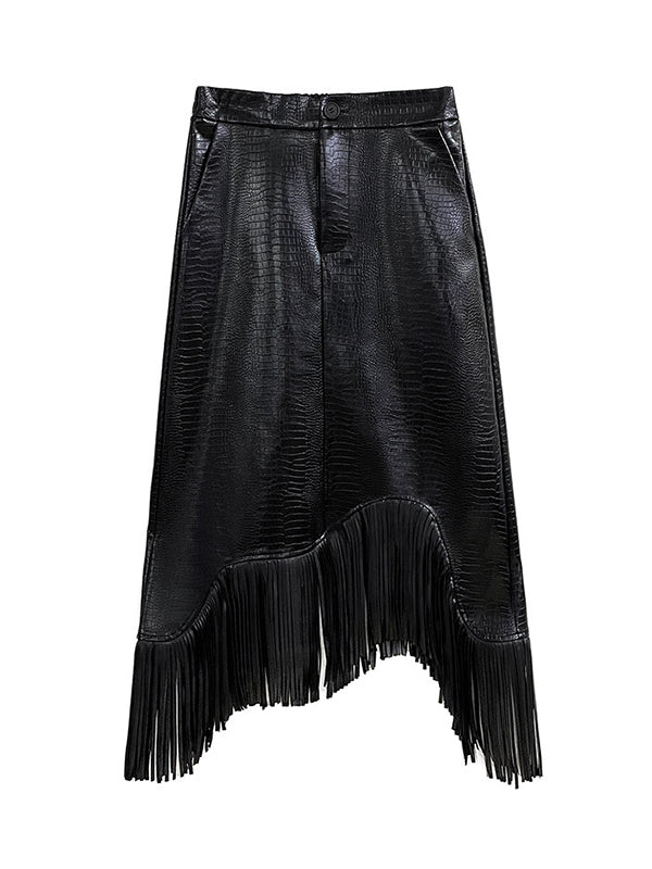A-Line Irregularity Asymmetric Buttoned Crocodile Texture Solid Color Tasseled Skirts Bottoms