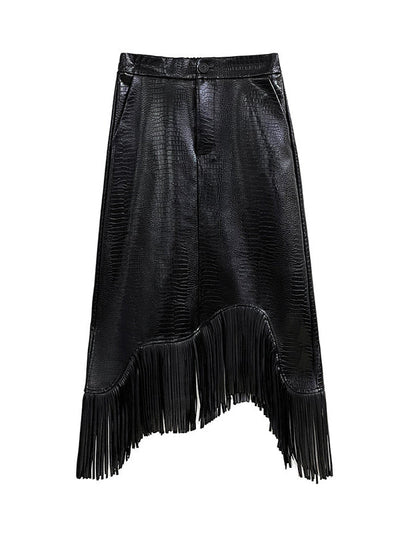 A-Line Irregularity Asymmetric Buttoned Crocodile Texture Solid Color Tasseled Skirts Bottoms