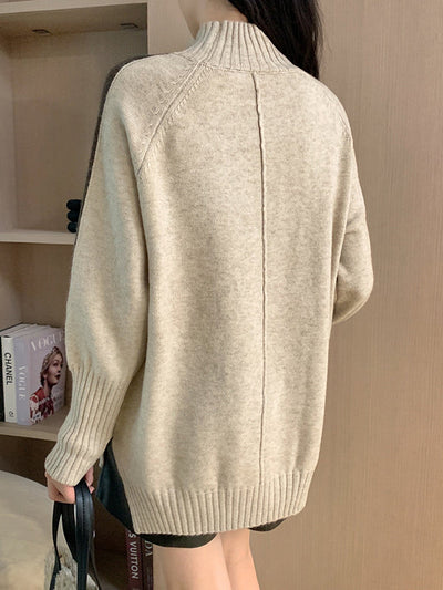High-Low Long Sleeves Contrast Color Split-Joint Split-Side High Neck Pullovers Sweater Tops