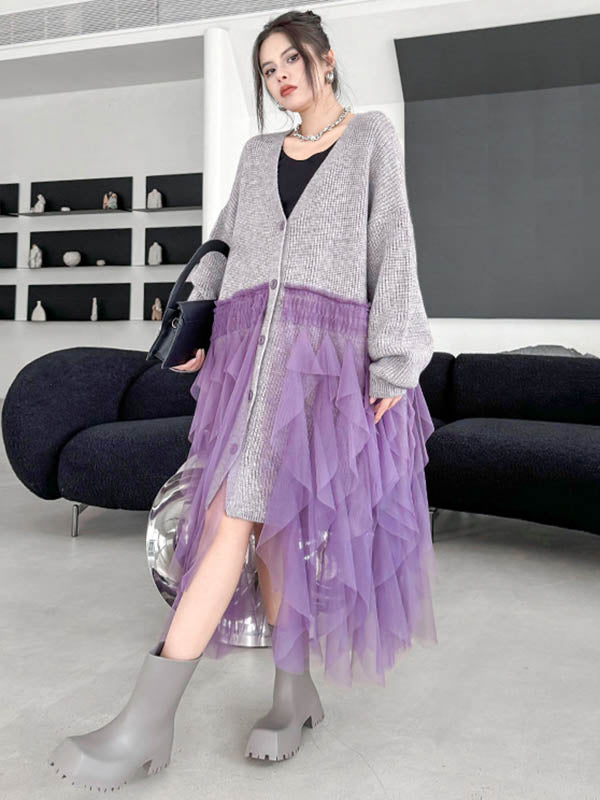 High-Low Irregularity Buttoned Contrast Color Mesh Pleated Ribs Split-Joint Collarless Cardigan Tops Outerwear
