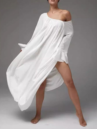 A-Line Flared Sleeves Pleated Solid Color Split-Joint Round-Neck Maxi Dresses