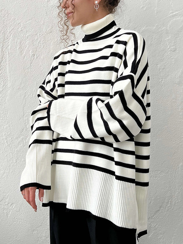 High-Low Long Sleeves Split-Joint Split-Side Striped High Neck Sweater Tops