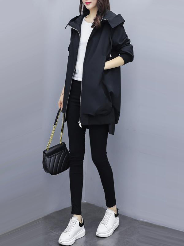 Casual Loose 4 Colors Pleated Zipper Hooded Long Sleeves Outwear
