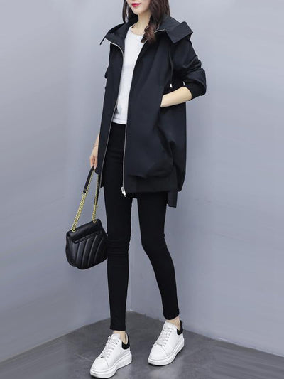 Casual Loose 4 Colors Pleated Zipper Hooded Long Sleeves Outwear