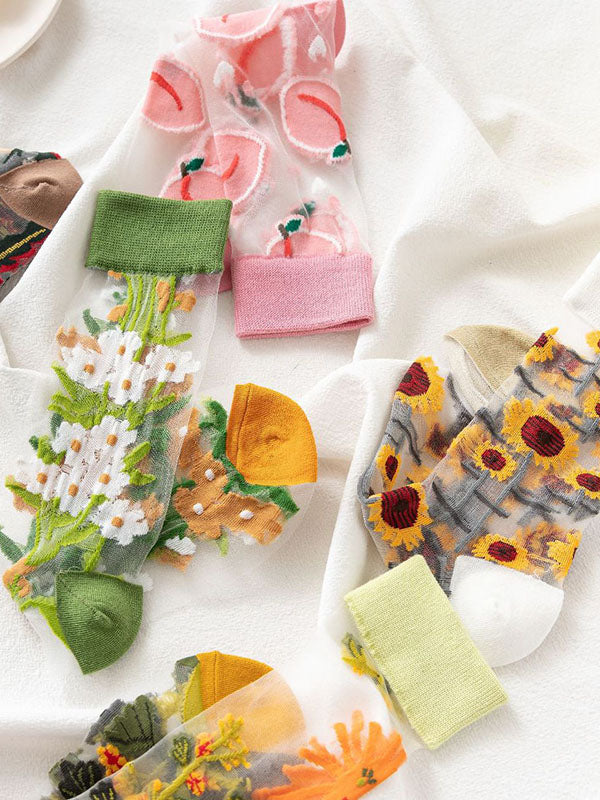 Breathable Letter Print See-Through Split-Joint Striped Sweat-Absorbing Socks Accessories