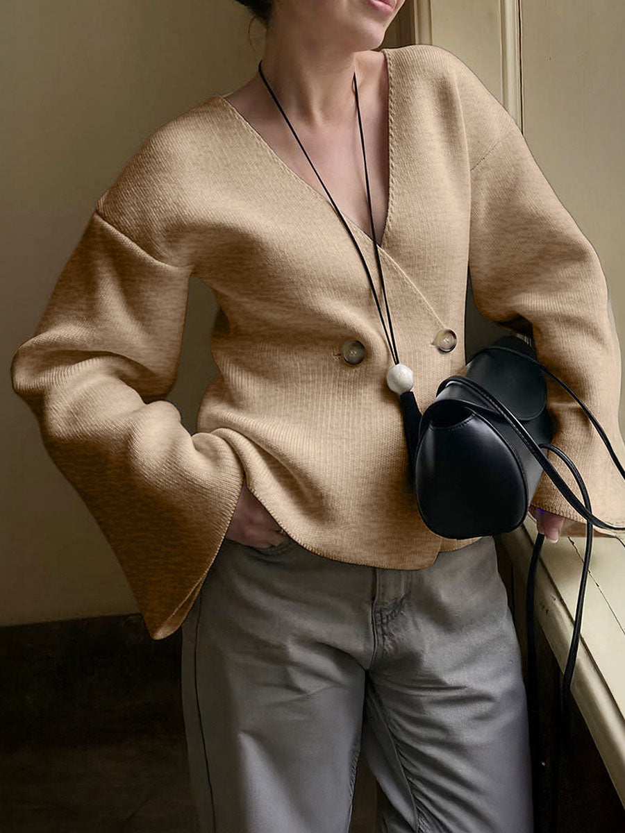 Long Sleeves Buttoned Solid Color V-Neck Cardigan Tops