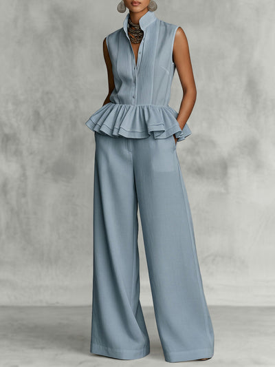 Sleeveless Stand Collar Buttoned Ruffled Peplum Blouses&Shirts Tops + Wide Leg Pockets Casual Pants Bottoms Two Pieces Set
