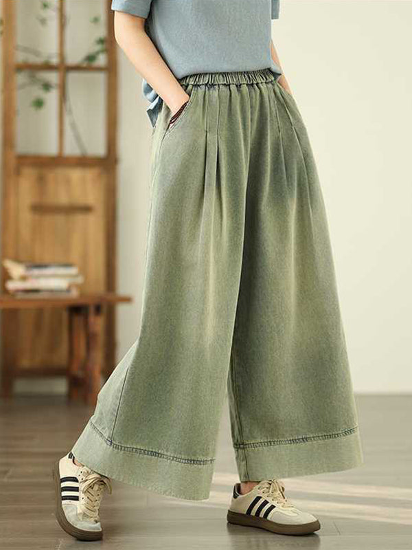 Loose Wide Leg Elasticity Pleated Pockets Jean Pants Bottoms Trousers