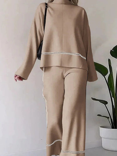 High-Low Contrast Color Split-Side Round-Neck Sweater Top + High Waisted Pants Bottom Two Pieces Set